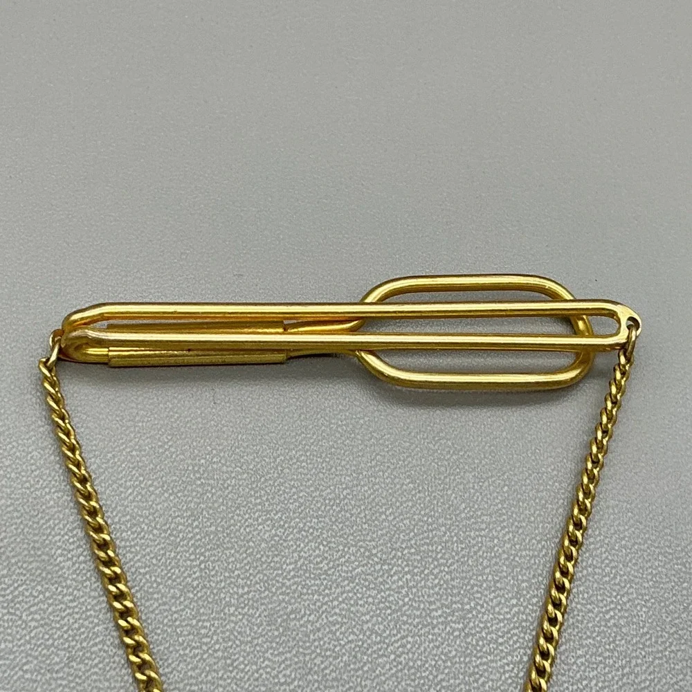 Swank Tie Clip Vintage Gold Tone Initial R Letter Charm Safety Chain Tie Bar